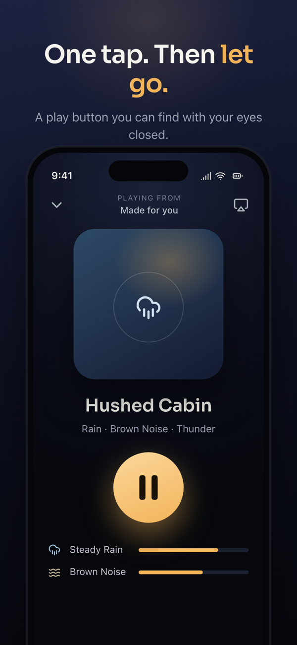 Lull player screen — one tap, then let go: the Hushed Cabin mix of rain, brown noise, and thunder playing behind one large amber pause button